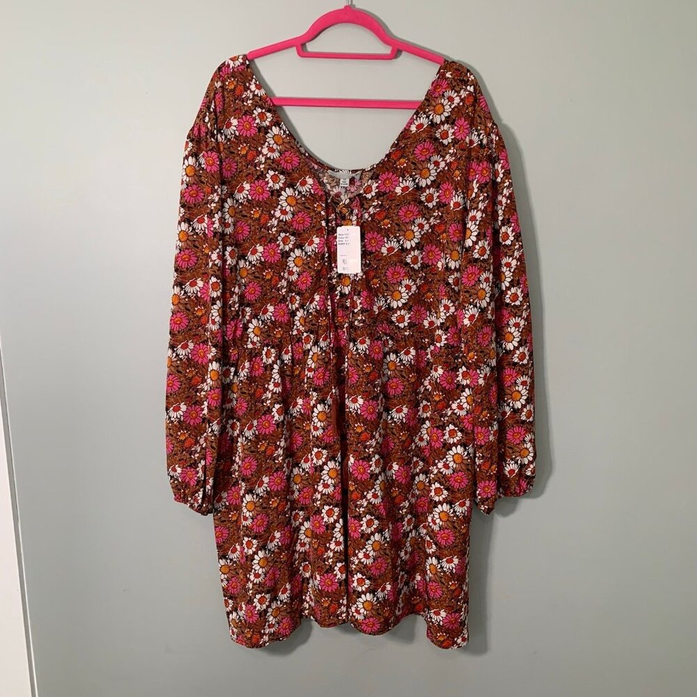 NEW Luukse Scoopneck Tunic Women 4X Brown Pink Floral Lacing Front Tassel‎ Boho